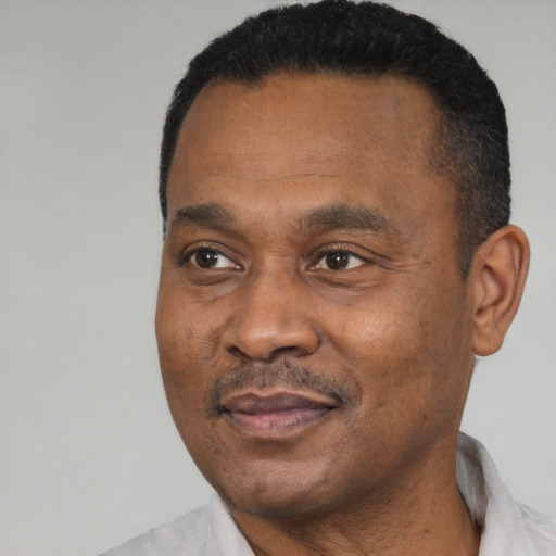 Joyful black adult male with short  black hair and brown eyes