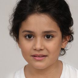 Joyful white child female with medium  brown hair and brown eyes