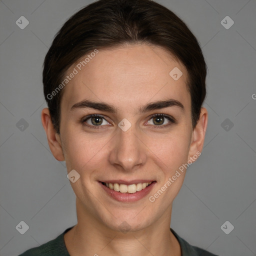 Joyful white young-adult female with short  brown hair and brown eyes