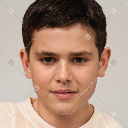 Joyful white child male with short  brown hair and brown eyes