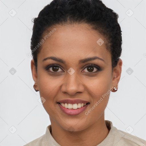 Joyful latino young-adult female with short  brown hair and brown eyes