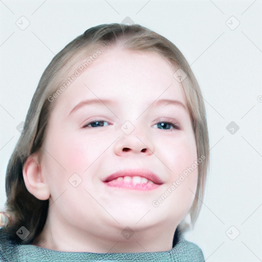 Joyful white young-adult female with short  brown hair and blue eyes