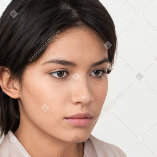 Neutral white young-adult female with medium  brown hair and brown eyes