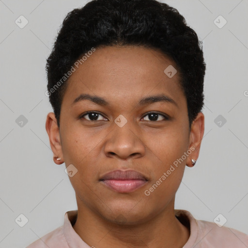 Joyful latino young-adult female with short  black hair and brown eyes