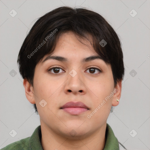 Neutral asian young-adult male with short  brown hair and brown eyes