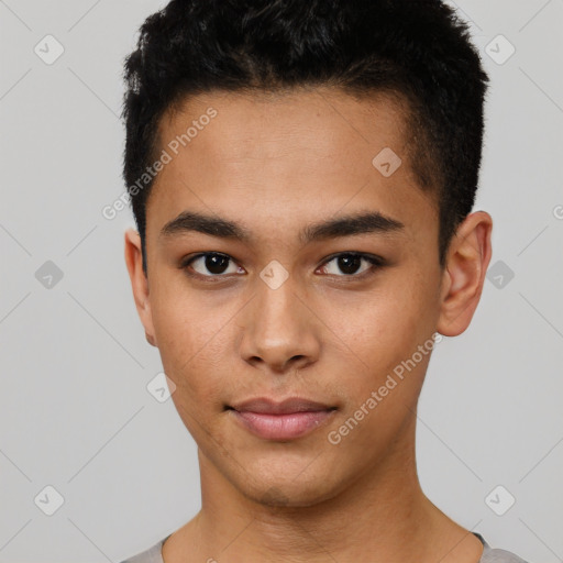 Neutral latino young-adult male with short  black hair and brown eyes