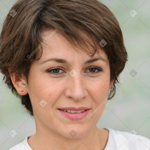 Joyful white adult female with medium  brown hair and brown eyes