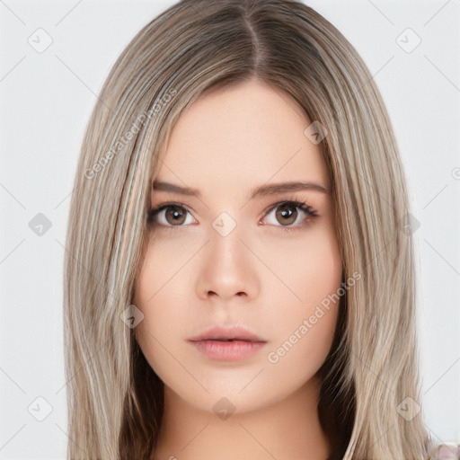 Neutral white young-adult female with long  brown hair and brown eyes