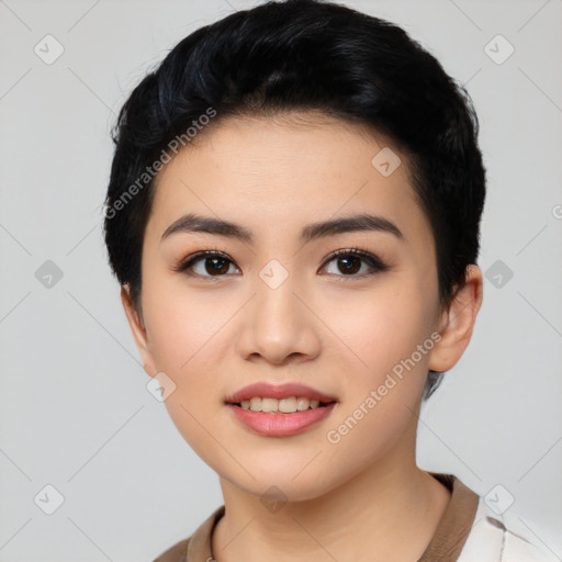 Joyful asian young-adult female with short  black hair and brown eyes