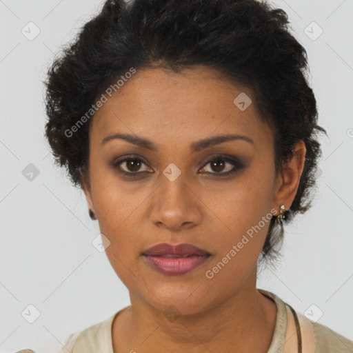 Joyful latino young-adult female with short  brown hair and brown eyes