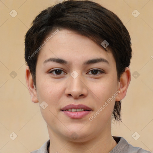 Joyful white young-adult female with short  brown hair and brown eyes