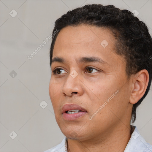 Neutral latino adult male with short  black hair and brown eyes