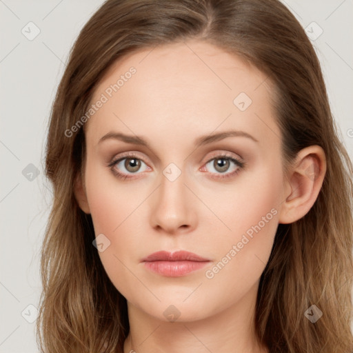 Neutral white young-adult female with long  brown hair and grey eyes