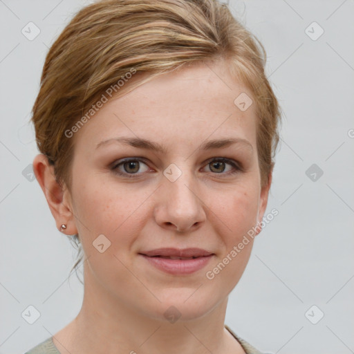 Joyful white young-adult female with medium  brown hair and grey eyes