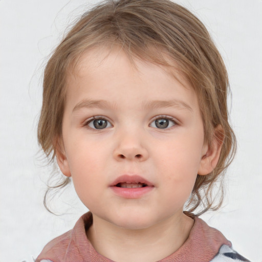 Neutral white child female with medium  brown hair and blue eyes