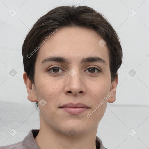 Neutral white young-adult male with short  brown hair and brown eyes