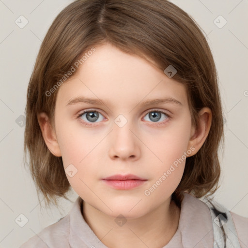 Neutral white child female with medium  brown hair and grey eyes