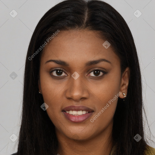 Joyful latino young-adult female with long  brown hair and brown eyes