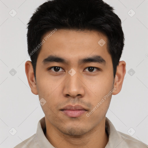 Neutral asian young-adult male with short  black hair and brown eyes