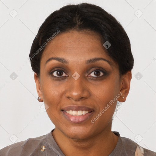 Joyful latino young-adult female with short  brown hair and brown eyes