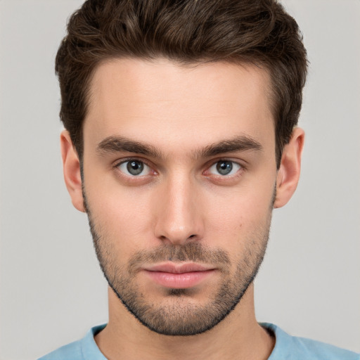 Neutral white young-adult male with short  brown hair and brown eyes