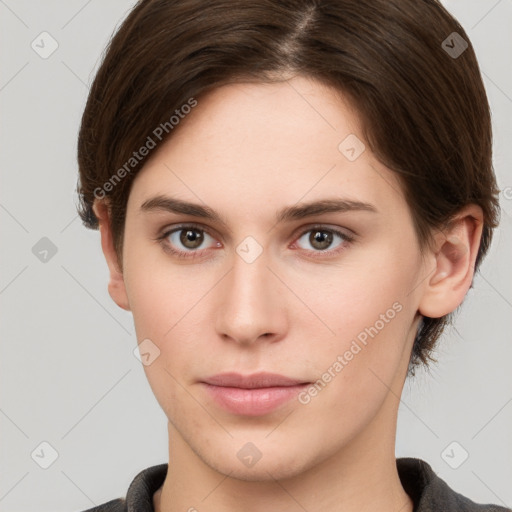 Neutral white young-adult female with short  brown hair and brown eyes