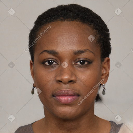 Neutral black young-adult female with short  black hair and brown eyes