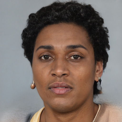 Neutral black young-adult female with short  brown hair and brown eyes