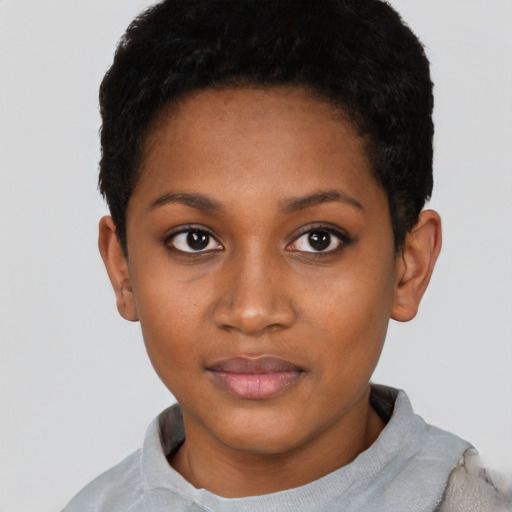 Neutral black young-adult female with short  black hair and brown eyes