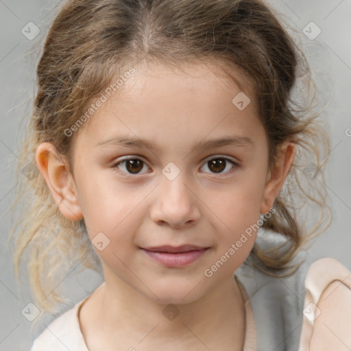 Joyful white child female with medium  brown hair and brown eyes