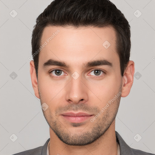 Neutral white young-adult male with short  brown hair and brown eyes