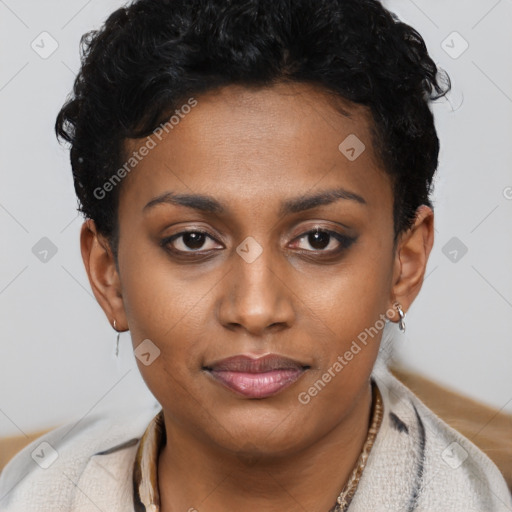 Joyful latino young-adult female with short  brown hair and brown eyes