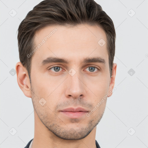 Neutral white young-adult male with short  brown hair and brown eyes