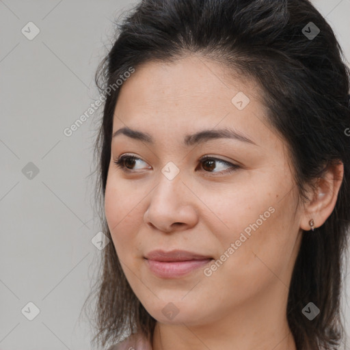 Joyful white young-adult female with long  brown hair and brown eyes