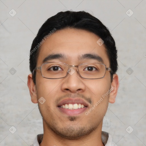 Joyful asian young-adult male with short  black hair and brown eyes