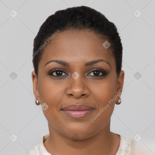 Joyful black young-adult female with short  brown hair and brown eyes