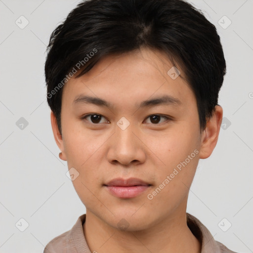 Neutral asian young-adult male with short  brown hair and brown eyes