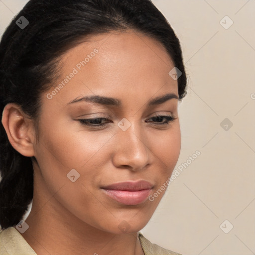 Joyful latino young-adult female with long  brown hair and brown eyes