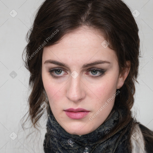 Neutral white young-adult female with medium  brown hair and brown eyes