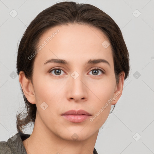 Neutral white young-adult female with short  brown hair and brown eyes