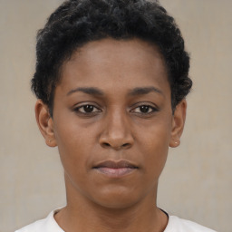Neutral black young-adult female with short  black hair and brown eyes