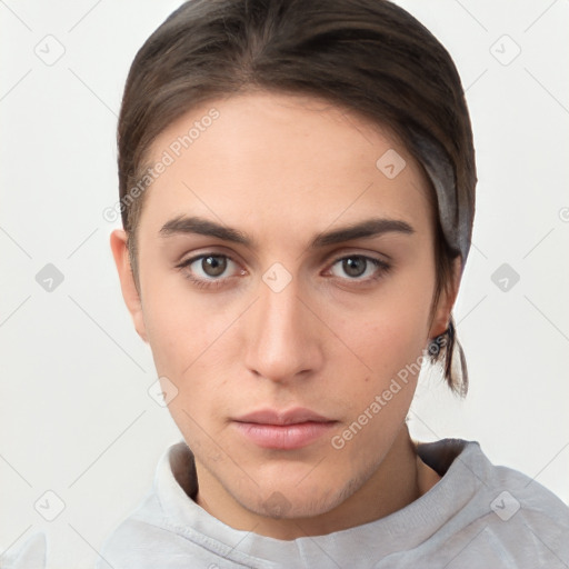 Neutral white young-adult female with short  brown hair and brown eyes