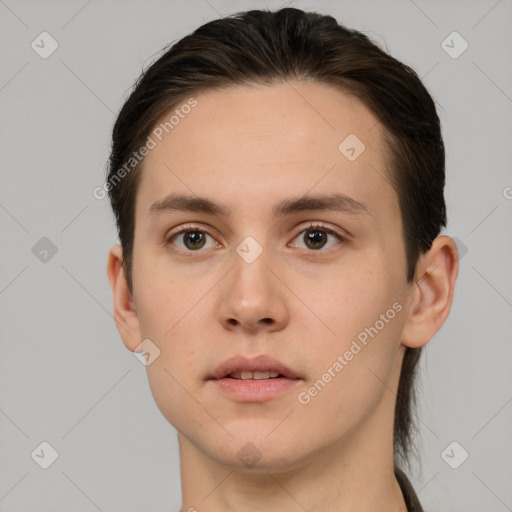 Neutral white young-adult male with short  brown hair and brown eyes