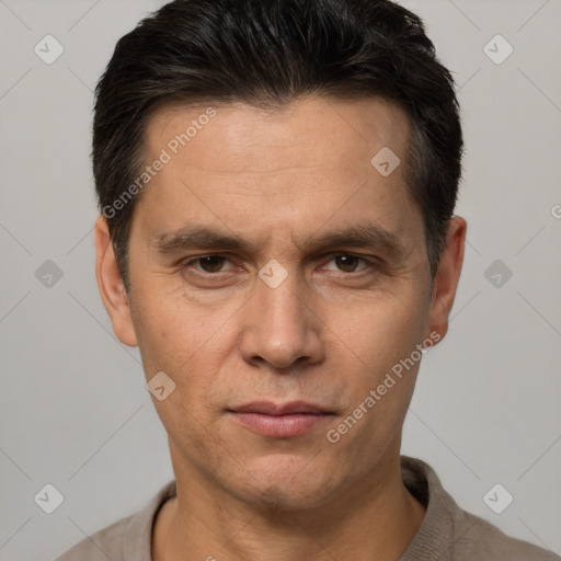 Neutral white adult male with short  brown hair and brown eyes