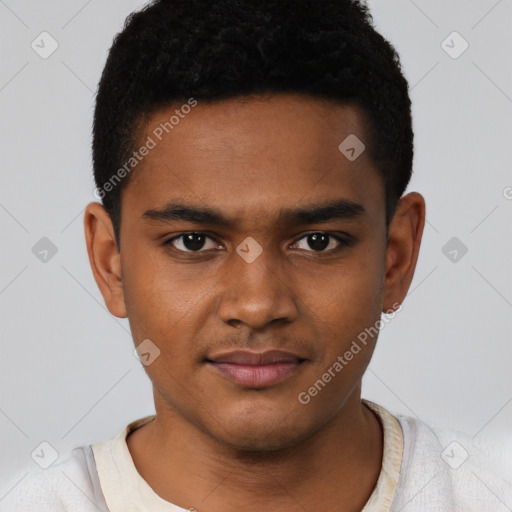 Joyful black young-adult male with short  brown hair and brown eyes