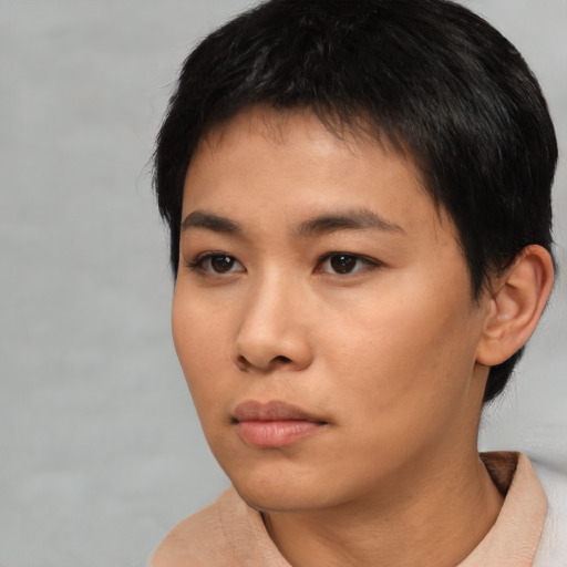 Neutral asian young-adult female with short  black hair and brown eyes