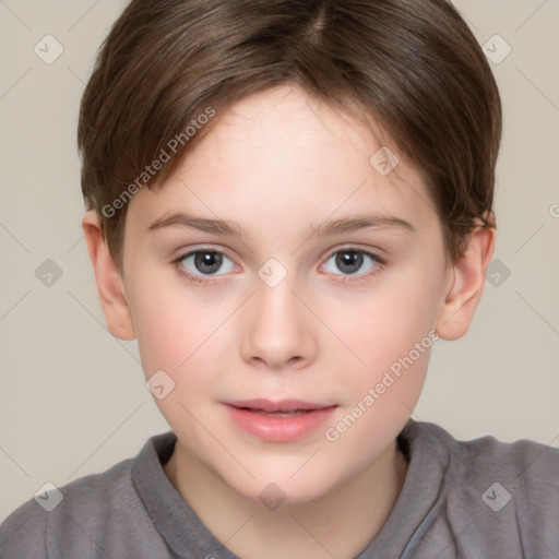 Joyful white child female with short  brown hair and brown eyes