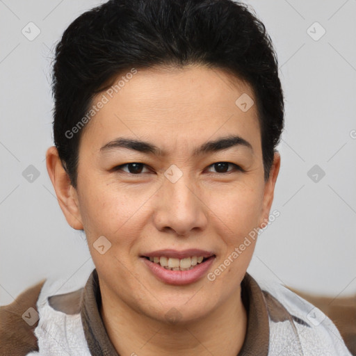 Joyful latino young-adult female with short  brown hair and brown eyes