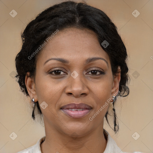 Joyful latino adult female with medium  brown hair and brown eyes