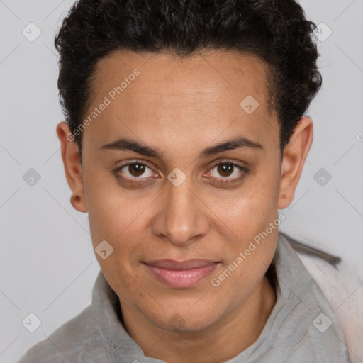 Joyful white adult female with short  brown hair and brown eyes